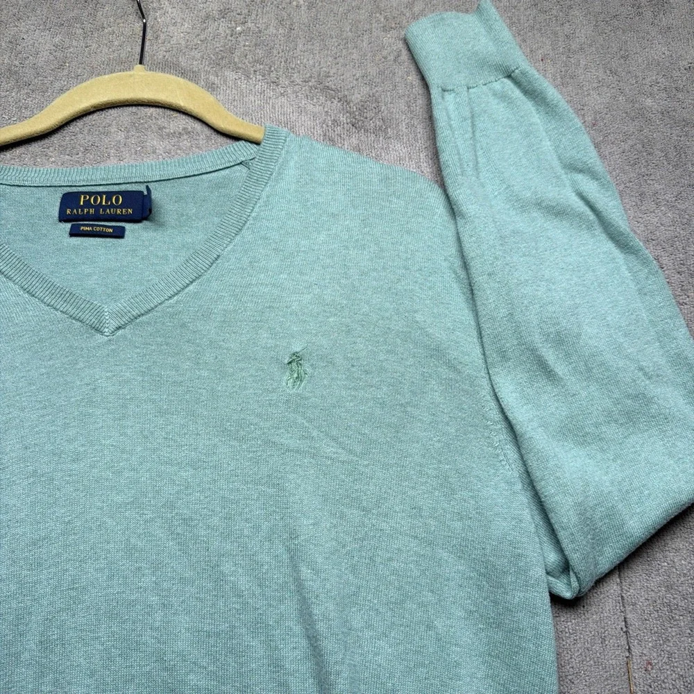 Polo Ralph Lauren V‎ Neck Sweater Pima Cotton Green Men's Small Preppy